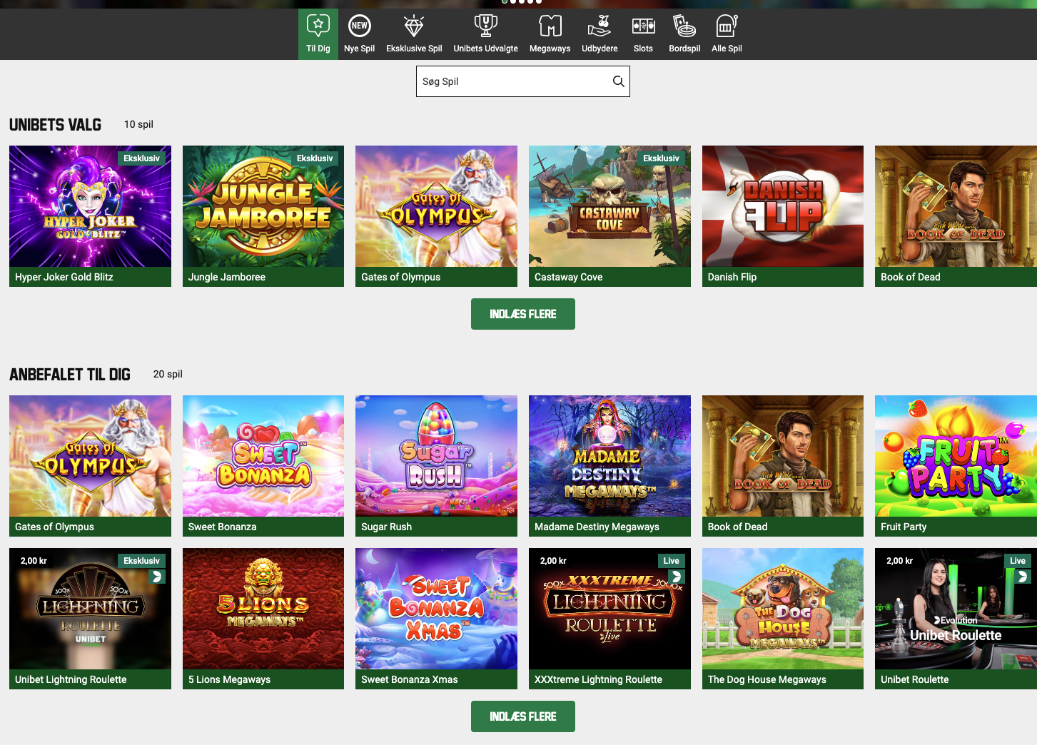 Spiludvalg hos Unibet