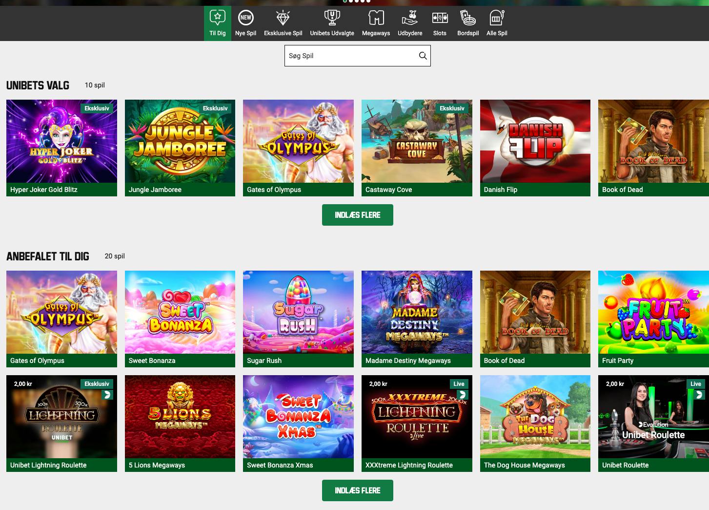 Spiludvalg hos Unibet